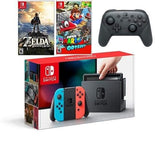 Nintendo Switch - Neon Blue and Red Joy-Con Zelda, Mario Odyssey and Pro Controller Bundle